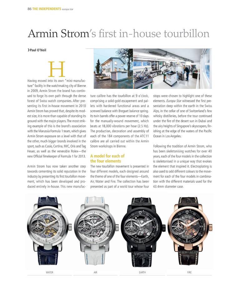 Armin Strom presentó su primer calibre tourbillon interno en 2013.