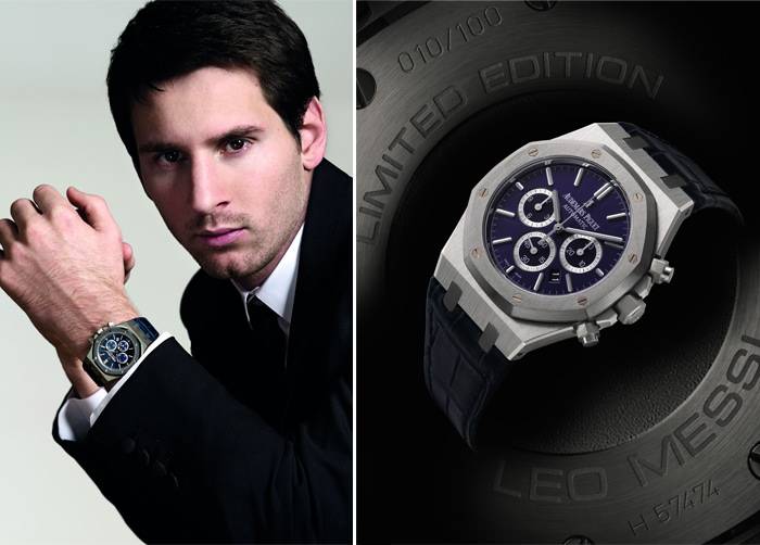 Izquierda: Leo Messi vistiendo el «Royal Oak Chronograph Leo Messi» - Derecha: El Limited Edition Royal Oak