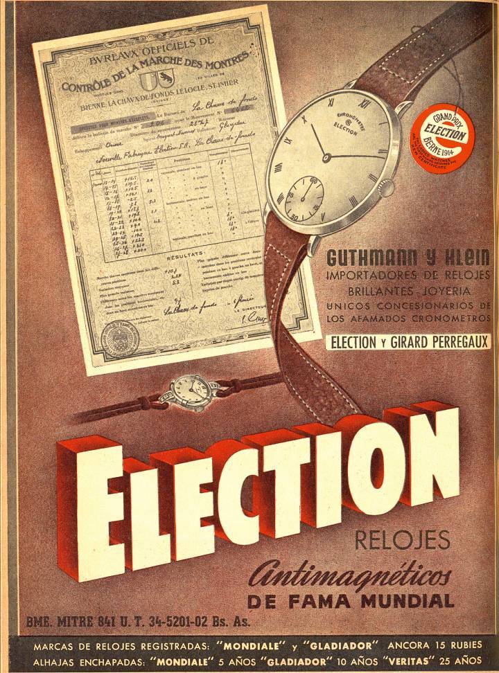 1942: El certificado de precisión cronométrica emitido por los organismos de control oficial aparece en algunos anuncios, destacando un argumento de venta al que los fabricantes conceden cada vez más importancia (Election).