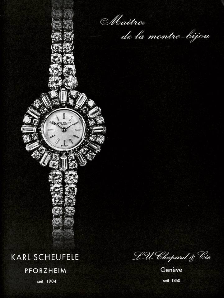 Cuando la familia Scheufele se mudó a Ginebra después de comprar Chopard en los años 60 y se concentró en los relojes de joyería, durante un tiempo se utilizaron ambos nombres, como lo muestra este archivo de 1965 del Journal Suisse d'Horlogerie (JSH).