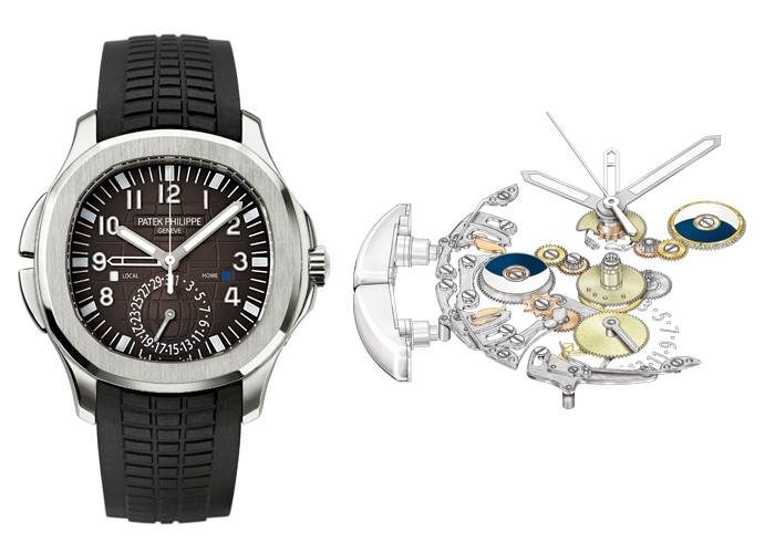 Izquierda: Aquanaut Travel Time (Ref. 5164 A-001 / 2006) - Derecha: MVT 324 PS FUS 5164, El movimiento está en el origen del mecanismo que activa la función travel time. 