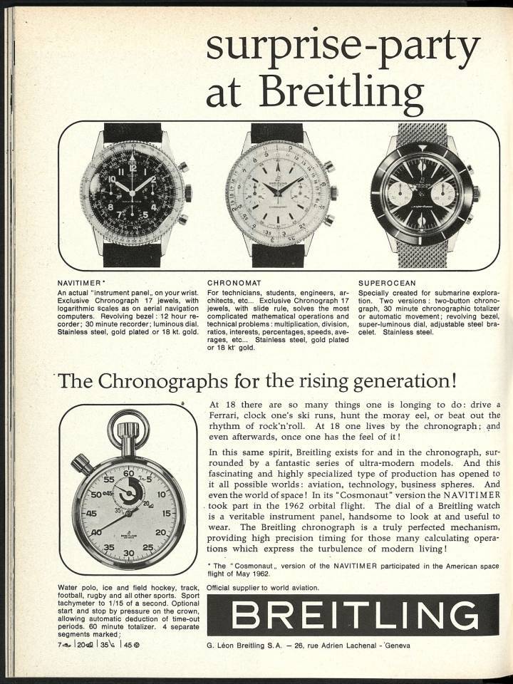 Tres modelos icónicos: el Navitimer, el Chronomat y el Superocean (archivos Europa Star, 1963).