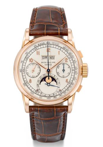 Cronógrafo calendario perpetuo de Patek Philippe en oro rosa de pulsera con fases lunares, ref. 2499, manufacturado en 1951