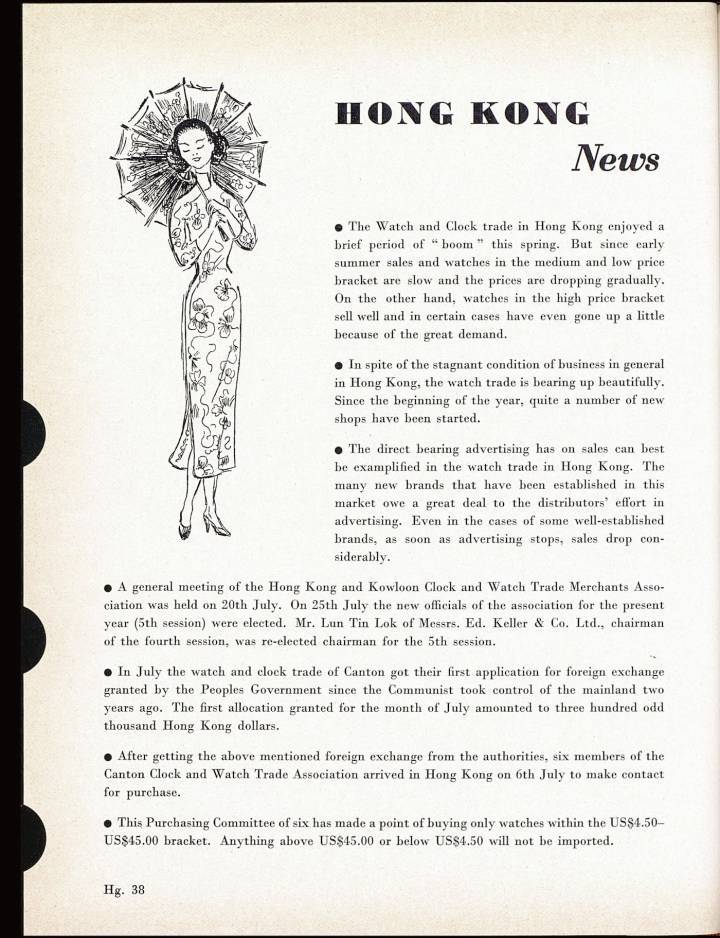 En la década de 1950, Hong Kong se estableció como un bastión comercial para la venta de relojes en el Lejano Oriente y la China Continental.