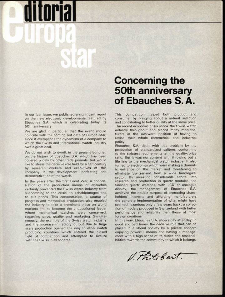 Este editorial de 1977 deja claro que la crisis era económica y que la industria relojera Suiza estaba respondiendo con movimientos mecánicos y electrónicos estandarizados.