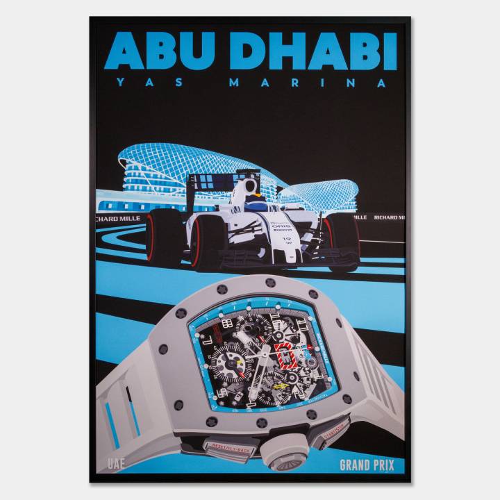 Abu Dhabi, Yas Marina, Felipe Massa (pieza única, hecha por encargo): “El Circuito de Yas Marina goza de una merecida reputación por albergar las actuaciones más memorables, incluida la notable exhibición de Felipe Massa en el Gran Premio de Abu Dhabi de 2014. Esta obra de arte es un recordatorio de la euforia y la emoción que emanan de esta legendaria pista de carreras. Cada detalle meticulosamente elaborado captura la esencia del legado de Yas Marina en una paleta de negros, azules eléctricos y grises. Las formas se entrelazan con precisión, conectándose en 60.000 puntos separados. Para celebrar la asociación entre Yas Marina Circuit y Richard Mille, el renombrado relojero presentó el RM 011 Felipe Massa Flyback Chronograph Yas Marina Circuit de edición limitada. Este reloj excepcional simboliza la fusión armoniosa del arte y el deporte del motor”.