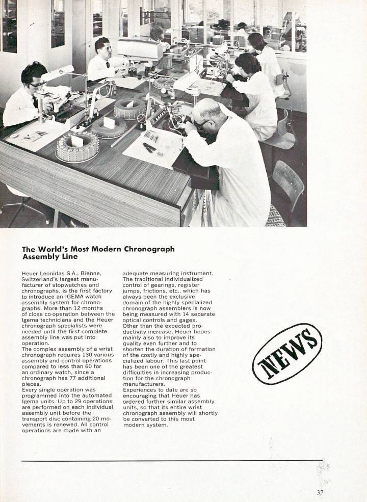 “La línea de montaje de cronógrafos más moderna del mundo”: un informe de Europa Star en Heuer-Leonidas en 1968.