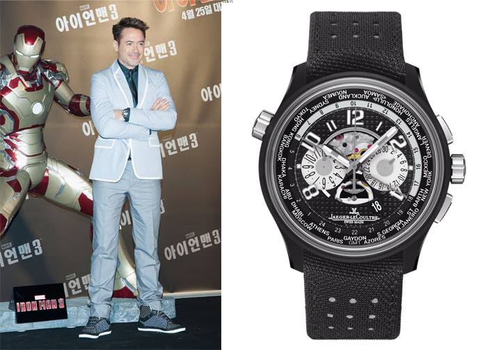 Izquierda: el actor Robert Downey Jr. vistiendo su Jaeger-LeCoultre Chronograph - Derecha: el AMVOX5 World Chronograph Watch de Jaeger-LeCoultre