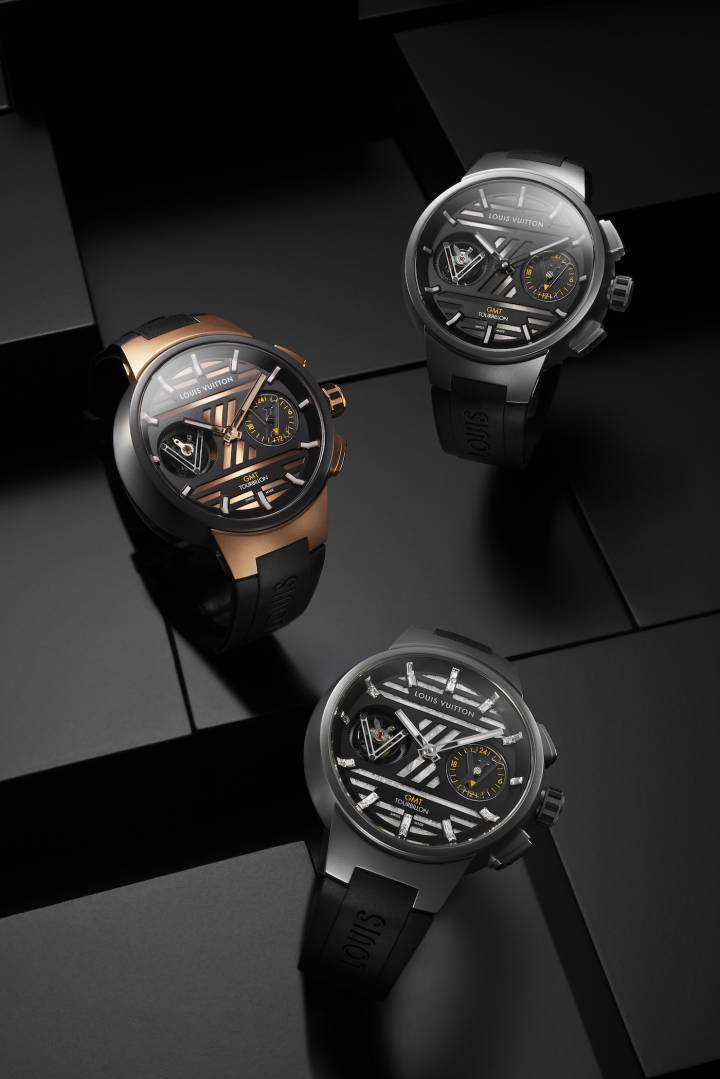 El Tambour Curve GMT Flying Tourbillon reinterpreta las curvas de la caja del reloj Tambour fundador de Louis Vuitton, lanzado en 2002, cuyas formas se inspiraron en la arquitectura de las terminales de los aeropuertos internacionales más impresionantes.