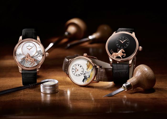 Izquierda: PETITE HEURE MINUTE RELIEF HORSE - Centro: PETITE HEURE MINUTE HORSES - Derecha: PETITE HEURE MINUTE LOW RELIEF HORSE (todos de Jaquet Droz)