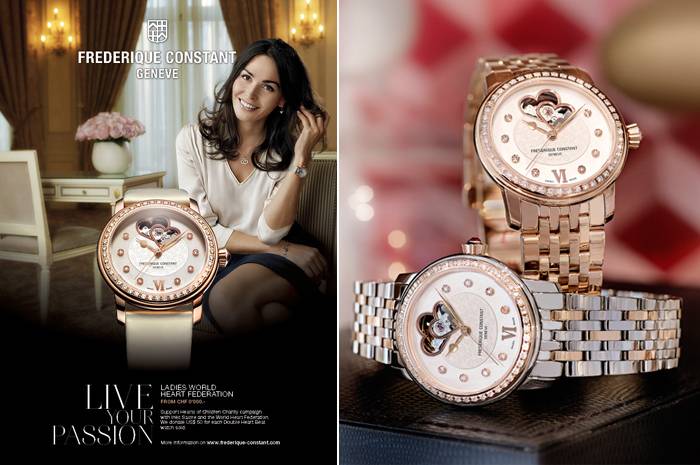 Izquierda: Inès Sastre - Derecha: Ladies Automatic «World Heart Federation» modelos FC-310WHF2PD2B3 y FC-310WHF2PD4B3 de Frédérique Constant