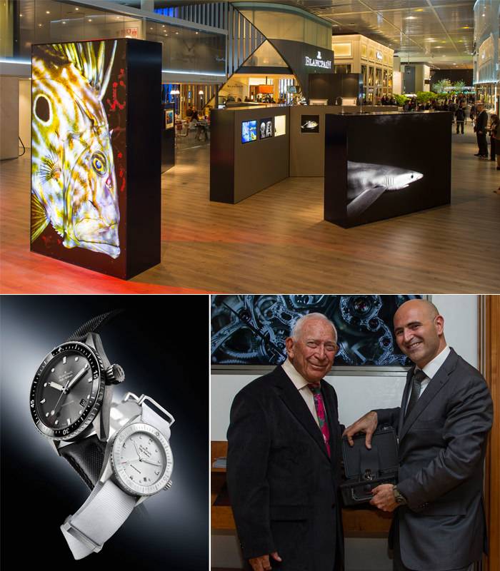 Arriba: Exposición Blancpain por el 60 aniversario del Fifty Fathoms - Abajo a la izquierda: el Fifty Fathoms Bathyscaphe - Abajo a la derecha: Jean-Jacques Fiechter & Marc A. Hayek