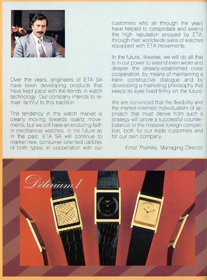  La guerra de los relojes finos vio a Ebauches SA, Citizen y Seiko luchando para ofrecer el movimiento de cuarzo más fino. El Delirium de ETA medía menos de 2 mm cuando se lanzó al mercado en 1978, y la tecnología y la arquitectura allanaron el camino para el Swatch.