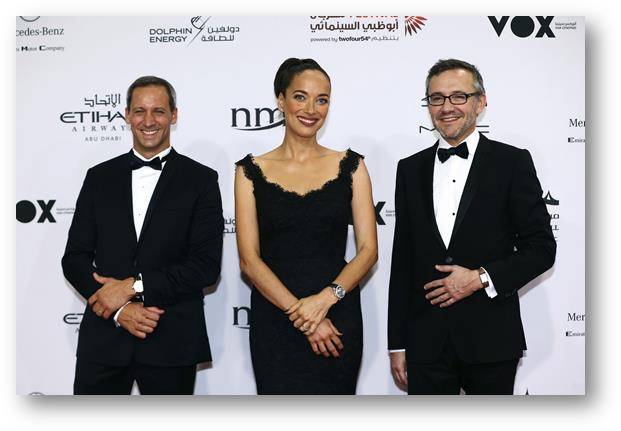 El manager de Jaeger-LeCoultre para el Medio Oriente Marc de Panafieu, Carmen Chaplin con un Rendez-Vous Ivy Minute Repeater y Laurent Vinay, el Director de Comunicación de Jaeger-LeCoultre 