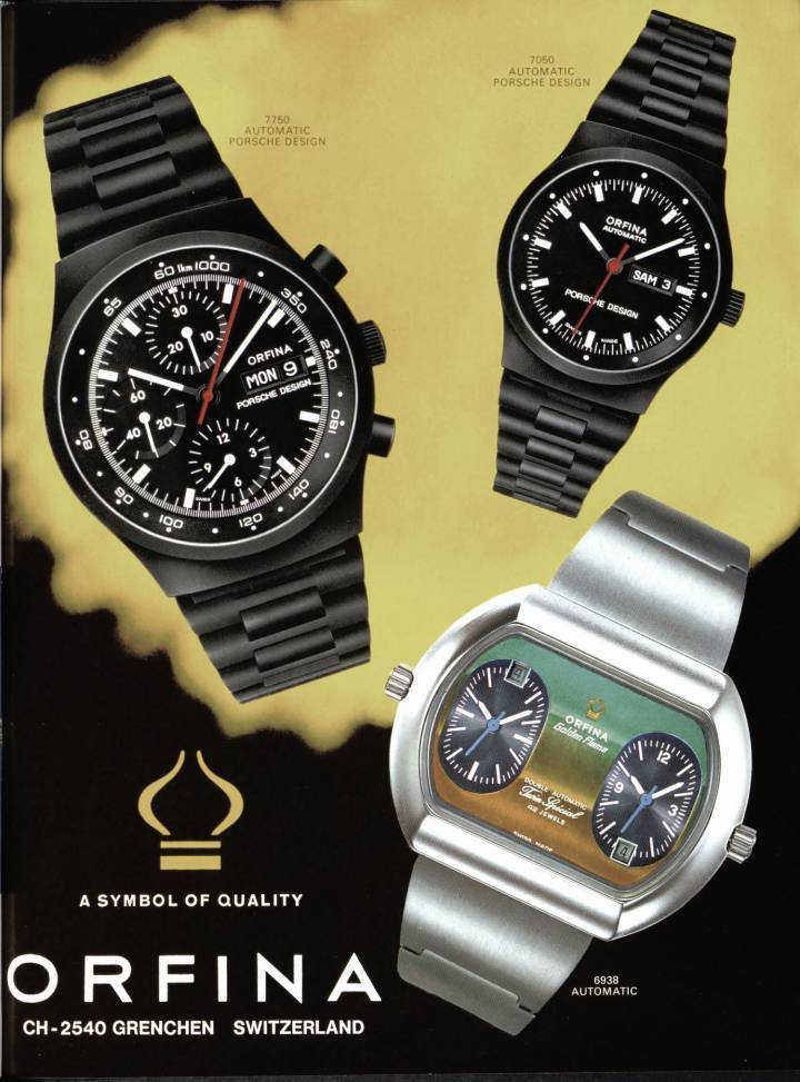 Los nuevos diseños y materiales definieron la década de 1970, desde el famoso Audemars Piguet Royal Oak hasta el Omega Speedsonic y estos relojes Porsche Design con PVD negro (Europa Star, 1974).