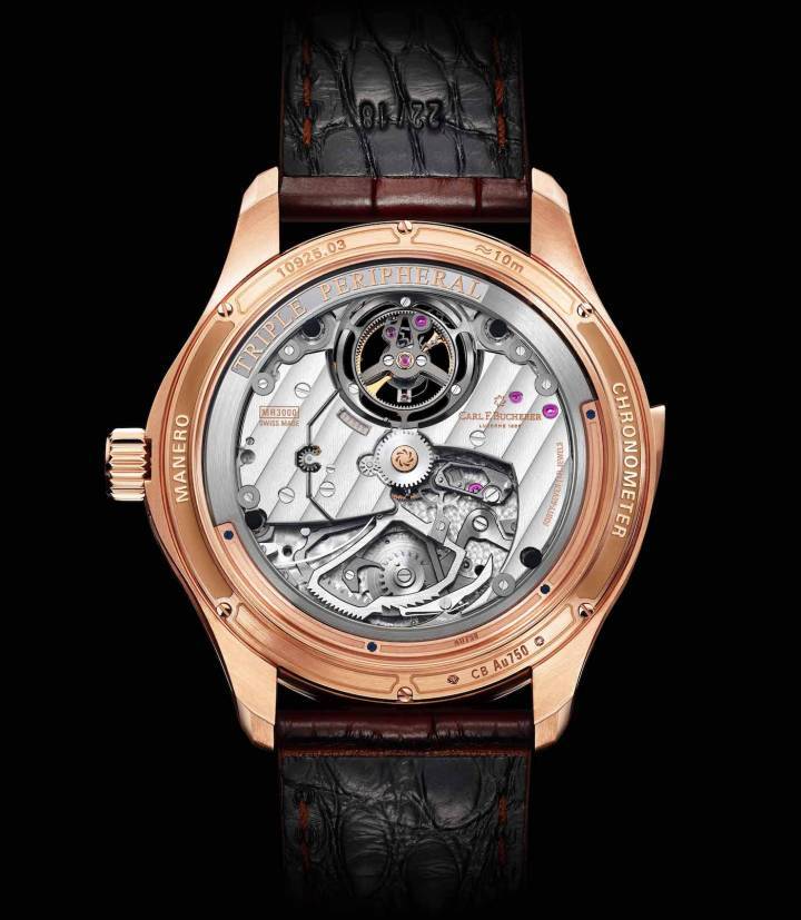El calibre de la Manufactura MR3000 con un acabado elaborado y certificado por el COSC tiene una reserva de marcha de 65 horas.
