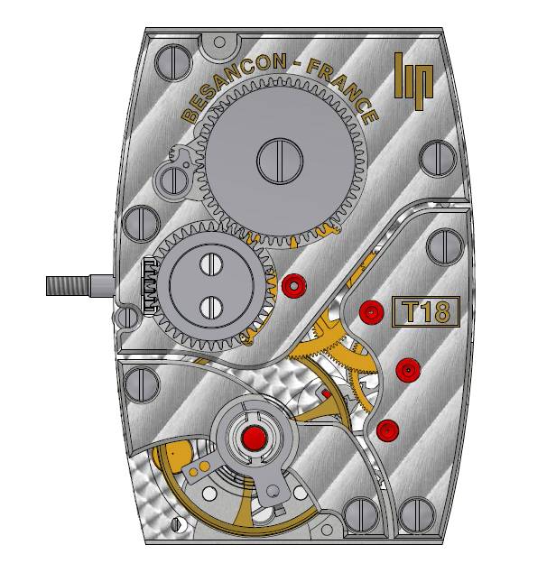 Calibre T18: renacimiento del legendario calibre tonel de cuerda manual. El primer movimiento producido en serie en Francia, producido por primera vez en 1933, celebra su 90.º aniversario en 2023. Desarrollado en asociación con La Joux-Perret. Montado y regulado por Humbert-Droz en Besançon.