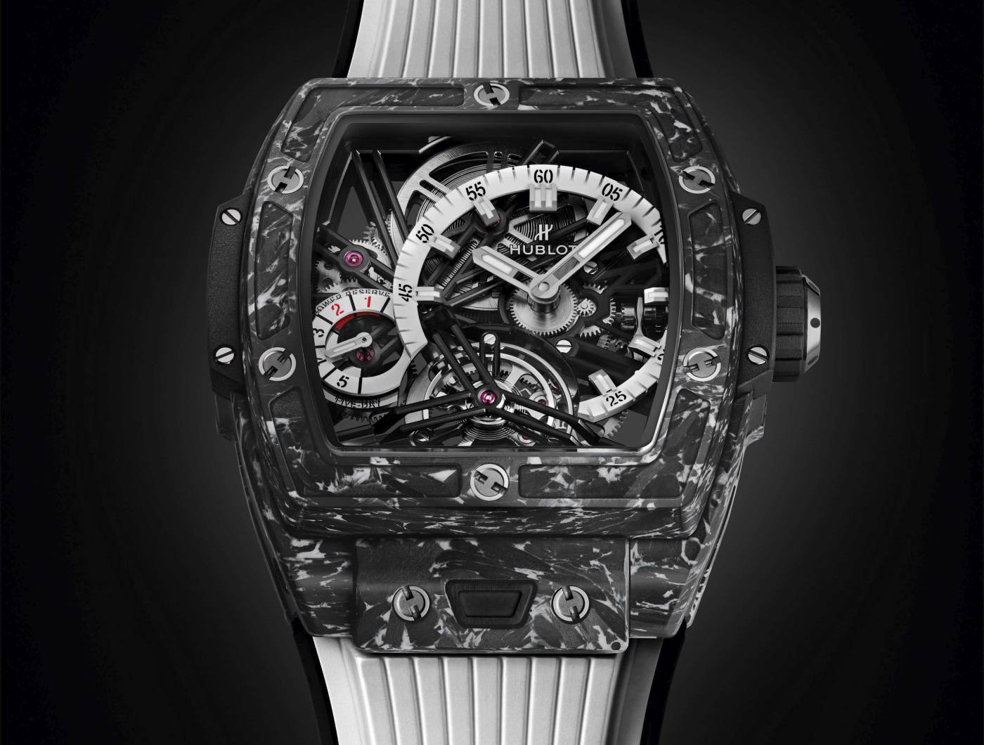El tourbillon con los códigos que son la firma de Hublot