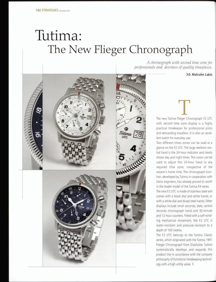 Un artículo sobre el nuevo cronógrafo Flieger, publicado en Europa Star en 2004