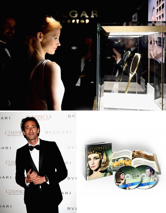 Arriba: Jessica Chastain - Abajo Izquierda: Adrian Brody - Abajo Derecha: El nuevo Blu-Ray de Cleopatra de la Twentieth Century Fox 