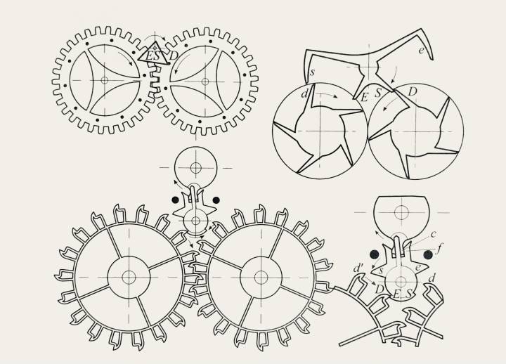 Ludwig Oechslin: Dual Ulysse Escapement con dos ruedas de escape de impulso indirecto (abajo), con su ancestro de retroceso (arriba a la izquierda) y un ancestro hipotético de descanso por fricción (arriba a la derecha). Página 433.