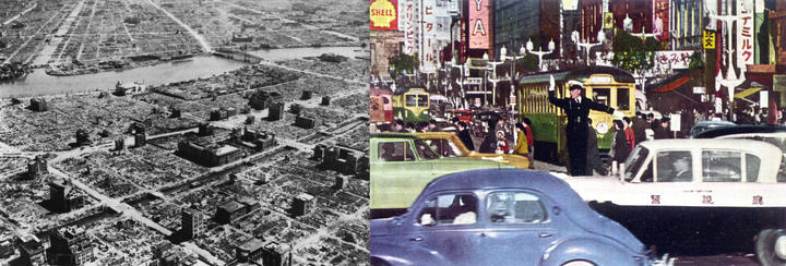 Izquierda: Tokyo en 1945 después de los duros bombardeos - Derecha: Tokyo en 1960