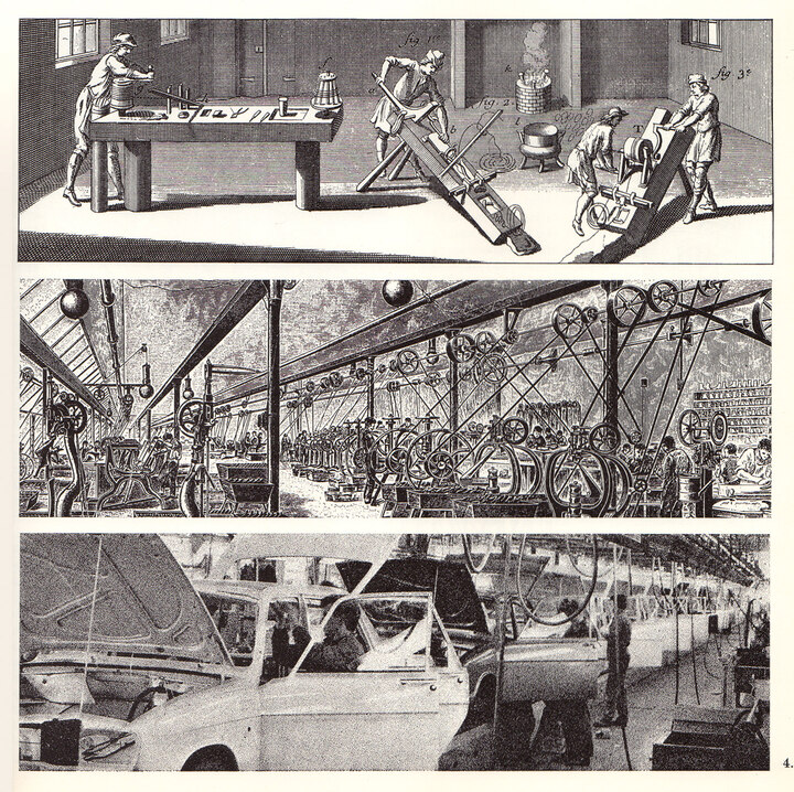 Micromégas dedicó seis números más a Le Temps dans l'industrie (El tiempo en la industria), publicado entre 1965 y 1968. Aquí, una serie de ilustraciones representan la evolución de los medios de producción desde la producción artesanal hasta la industrialización y la sobreproducción. Según Micromégas, la era de la superproducción “podría durar un siglo”, pero en 1965 los autores preveían dos problemas graves que resolver: “la revalorización gradual de las poblaciones desfavorecidas, que representan las tres cuartas partes de la raza humana” y “cómo sustituir una economía basada en la expansión ciega por una economía basada en la economía de los recursos naturales”. Hoy, ésta es literalmente la cuestión candente de nuestro tiempo.