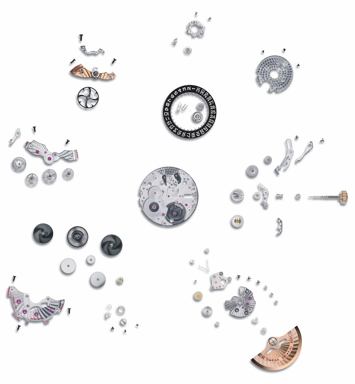 Una vista de los 201 componentes del Calibre Co-Axial 8501 de Omega, lanzado en 2007, un hito en el desarrollo del movimiento del gigante suizo como el primer calibre interno diseñado alrededor del escape coaxial.