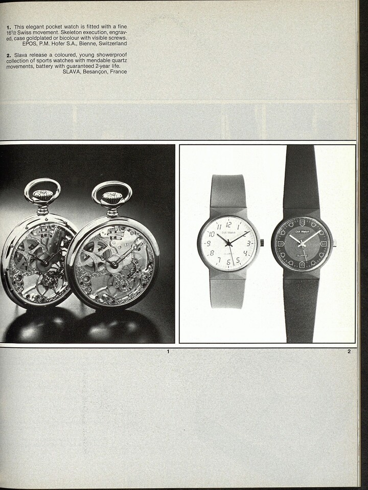 Este archivo de 1985 lo dice todo: un reloj de bolsillo mecánico Epos junto a modelos de cuarzo de otras marcas. Durante estos años difíciles para la industria relojera Suiza, la empresa fue a contracorriente y siguió produciendo relojes mecánicos.