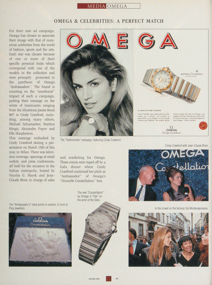 Cindy Crawford, como apareció en Europa Star en 1996. El “efecto Cindy Crawford” fue inmediato y de gran alcance, y un tal Jean-Claude Biver tuvo mucho que ver con él.